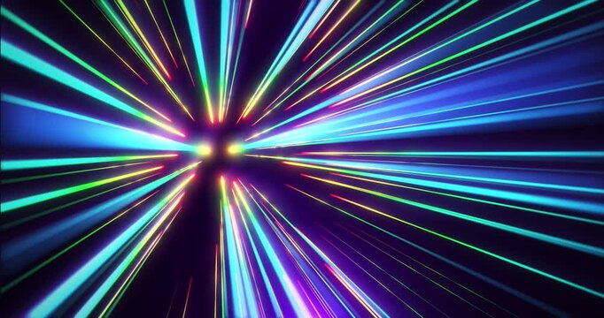 Abstract multicolored light streaks radiating from a central point at high speed, creating a futuristic warp tunnel effect with vibrant energy, motion, and digital technology themes.