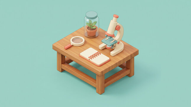 Isometric 3D illustration of a science laboratory desk with microscope and plant