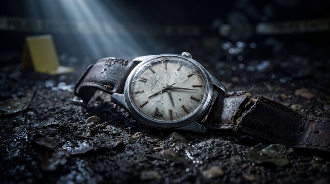 Broken vintage wristwatch lying on the ground at a dark crime scene with dramatic lighting