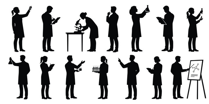 Silhouettes of scientists in lab coats working with microscopes flasks test tubes and analyzing data