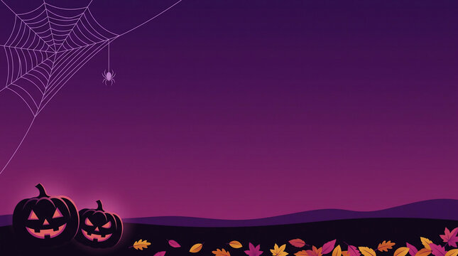 A vector illustration depicts jack o lanterns a spiderweb and autumn leaves against a gradient purple background fall halloween jackolantern