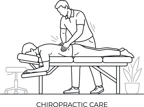 Chiropractic care line art vector illustration, chiropractor adjusting patient spine on massage table, back adjustment and physical therapy symbols 