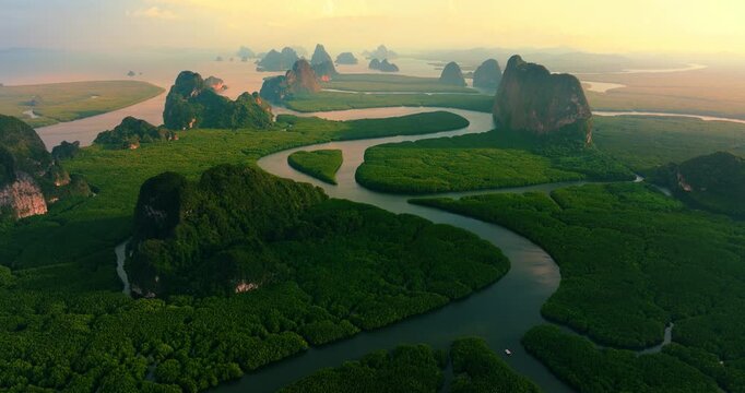 Ao Phang Nga National Park Stunning Sunset Seascape with Limestone Mountains | Cinematic Drone Shot Thailand