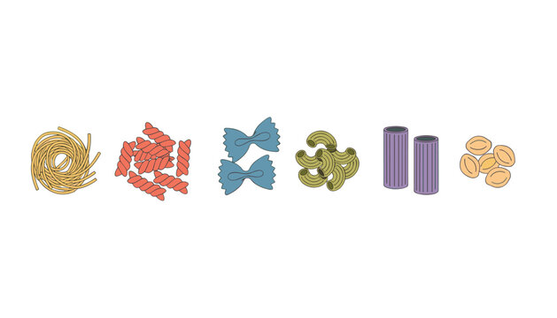 Various pasta shapes including spaghetti rolls fusilli farfalle bowties macaroni rigatoni tubes and conchiglie shells.