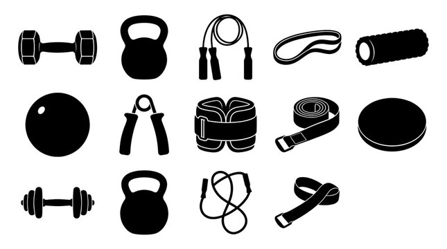 Set of fitness equipment silhouettes vector collection, gym workout accessories and exercise training gear icon set isolated on white background
