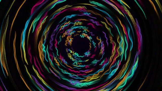 Abstract colorful glowing zigzag wave circles motion graphics seamless loop animated background