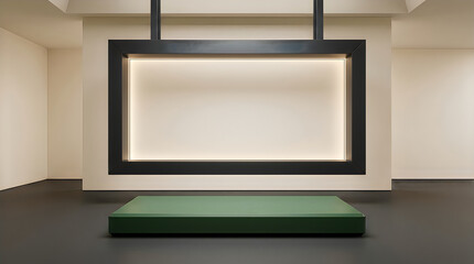Fototapeta premium Minimal Green Display Podium with Illuminated Black Frame in Modern Interior