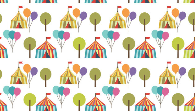 Seamless background pattern featuring colorful circus tents, tree icons, and helium balloons on white backdrop.