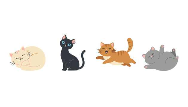 Row of four playful cartoon cats featuring sleeping cream, sitting black, running ginger, and rolling grey kittens.