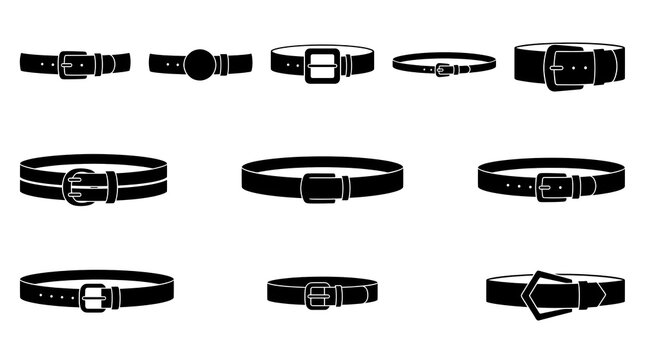 Set of belt silhouettes vector collection, leather waist belts buckle straps and fashion accessories icon set isolated on white background
