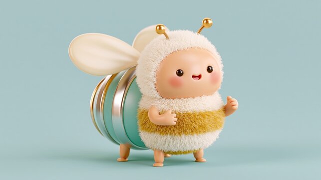 Cute bee with fluffy body and soft, friendly expression. Round cheeks and gentle smile add charm to its appearance. Metallic wings and antennae give it a playful, modern look