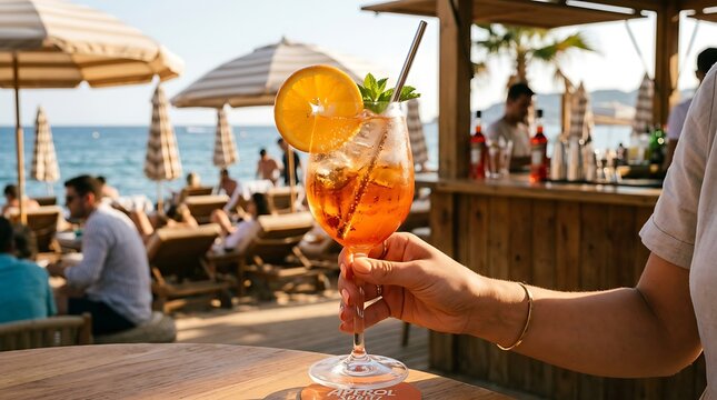Person holding a refreshing orange spritz cocktail at a sunny beach bar during summer vacation