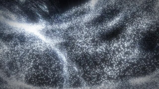 Abstract white glowing particles forming fluid wave structures on a dark background, creating a futuristic digital landscape with luminous depth, motion, and ethereal energy.