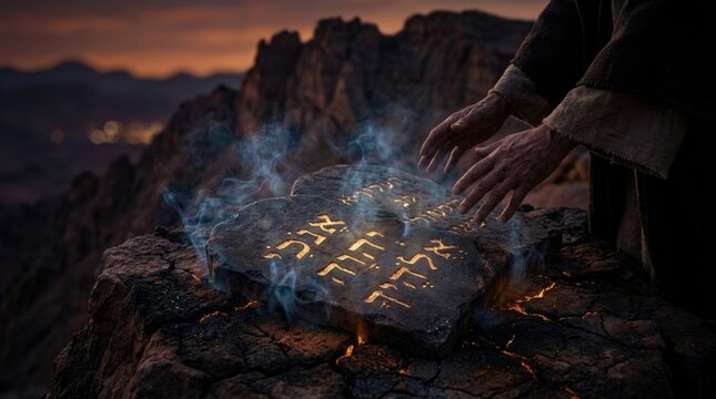 Divine covenant revelation: Ten Commandment, holy decree, ancient precept, sacred tablet, desert mountain, human hand, mystic smoke, twilight glow.