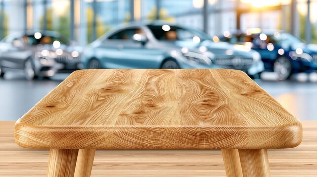 Wooden table stands in front of car showroom. Blurred vehicles create background depth. Warm tones enhance the scene's inviting feel. Perfect for advertising or retail displays
