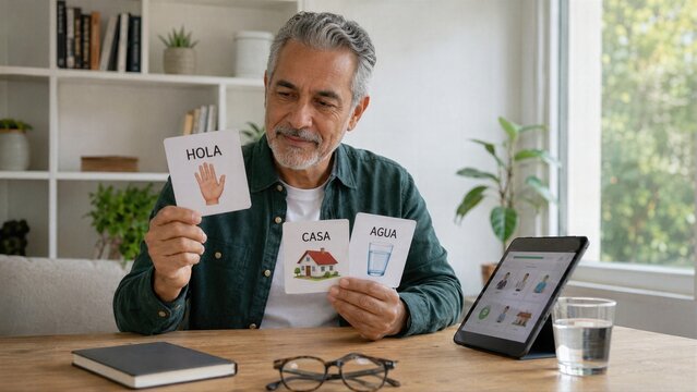 Spanish language practice becomes mental fitness habit for mature adult, combining learning, memory, concentration, healthy aging and consistent cognitive activity at home each day.