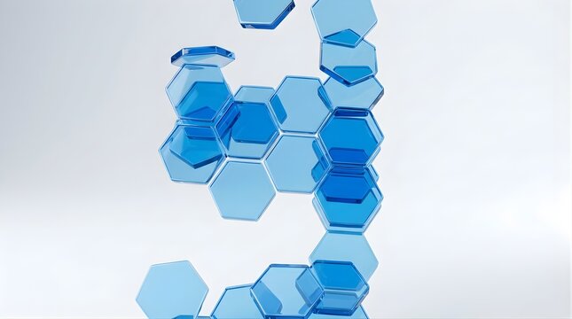 Floating blue glass hexagonal tiles arranged in a modern abstract design