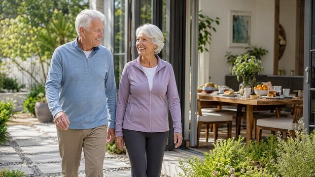 Senior couple takes a short walk after breakfast, linking healthy aging, digestion, blood sugar awareness, daily movement and simple longevity habits in retirement together.