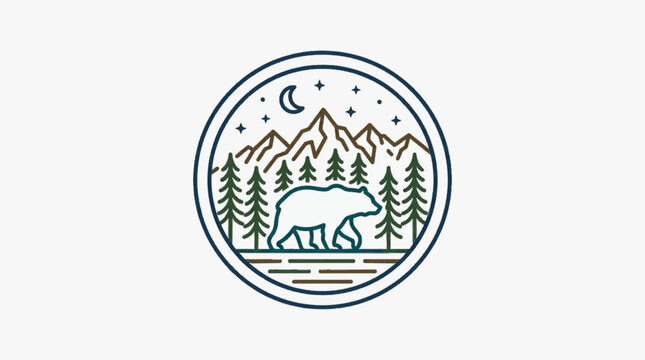 Circular monoline vector illustration of a bear walking in front of a pine forest and mountain range under a night sky with a crescent moon and stars on a white background.