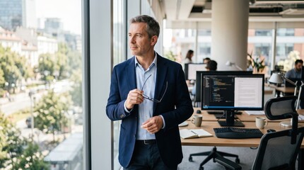Fototapeta premium Office worker removes glasses and looks into distance, creating strong microbreak image around eye strain relief, digital fatigue and healthy screen habits.