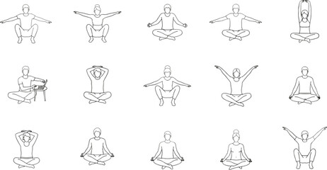 Fototapeta premium People Practicing Yoga Meditation and Stretching Exercises Line Art Vector Icon Set