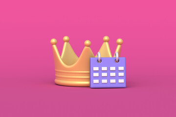 Fototapeta premium Most important date. Premium time management. Successful year achievement. Royal planning. VIP event. Best days. Top priority deadline. Luxury anniversary. Crown beside calendar. 3d render