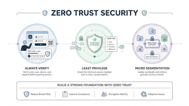 Business Infographic Template about Zero Trust Security, 3 Steps Flat Line Art Vector Illustration