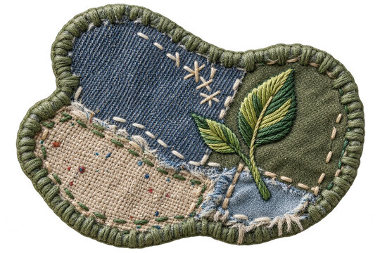 Patchwork fabric patch with embroidered green sprout and visible stitching.