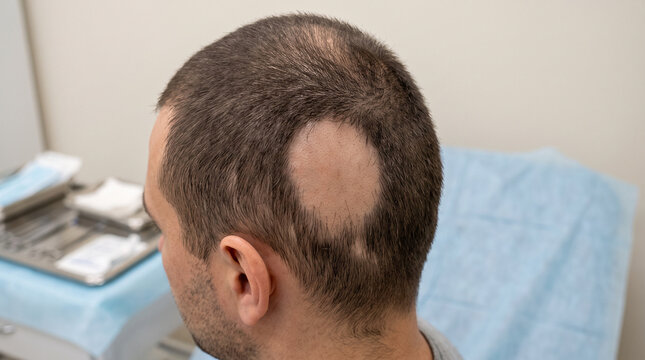 Close-Up of Human Scalp Showing Distinct Round Patch of Alopecia Areata with Hair Loss human scalp showing one clearly defined round bald patch with smooth exposed skin surrounded 