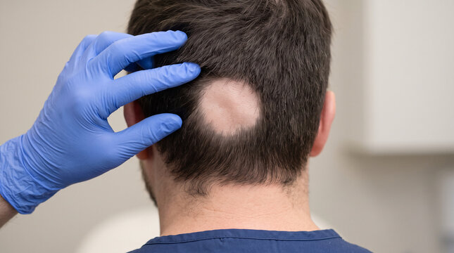 human scalp showing one clearly defined round bald patch with smooth exposed skin surrounded by normal hair growth, alopecia areata, patchy hair loss, localized baldness