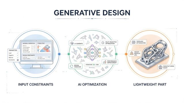 Business Infographic Template about Generative Design, 3 Steps Flat Line Art Vector Illustration