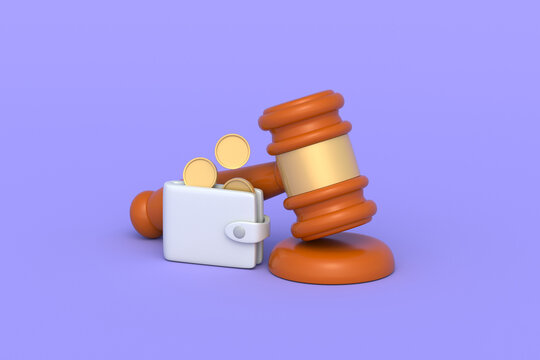 Legal fees. Financial law. Money bail. Court settlement costs. Alimony payments. Asset distribution. Consumer rights protection. Affordable justice. Judges gavel beside wallet. 3d render