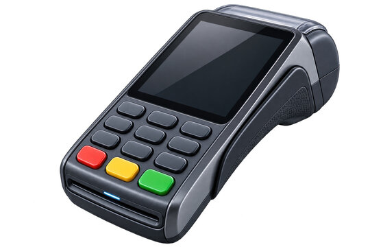 Portable payment terminal with keypad and blank black screen.