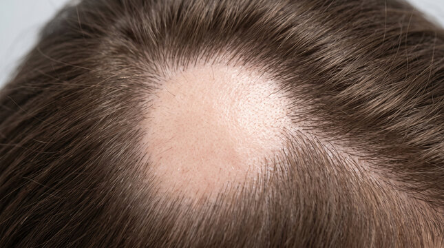 human scalp showing one clearly defined round bald patch with smooth exposed skin surrounded by normal hair growth, alopecia areata, patchy hair loss, localized baldness