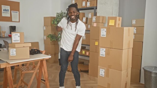 Man dancing among stacked cardboard shipping boxes next to desk, waving arms and smiling in warehouse; small business joy.