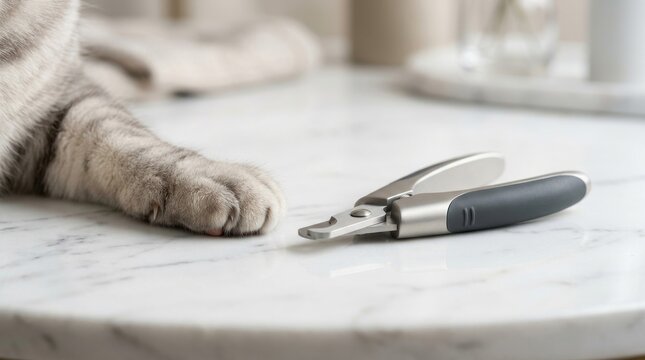 A cat's paw rests beside nail clippers on a marble surface in a warm and inviting home environment