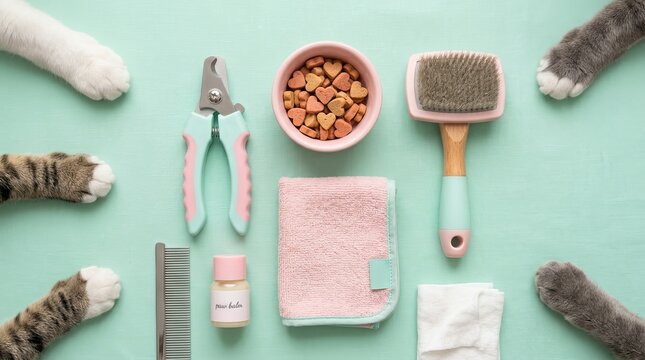 Essential pet grooming tools for cat owners including brushes clippers and treats on mint background