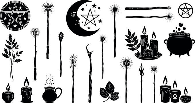 Mystical witchcraft silhouette icons, occult magic wand and pentagram set, celestial moon and pagan ritual elements vector
