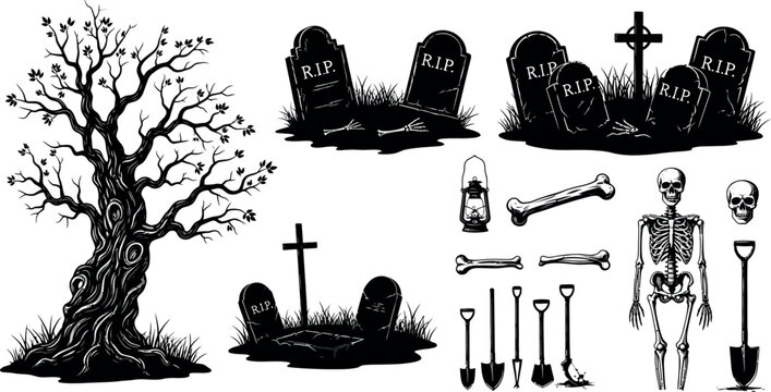 Spooky Halloween graveyard vector set, creepy cemetery tombstones and skeleton icons, dead tree and grave digging tools