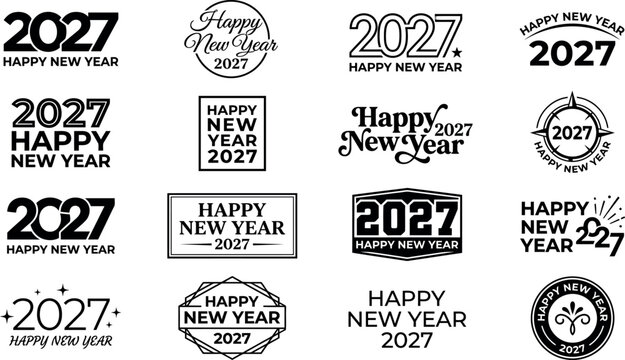 Happy New Year 2027 typography set, 16 black and white holiday logos, minimalist 2027 calendar year emblems for branding and cards