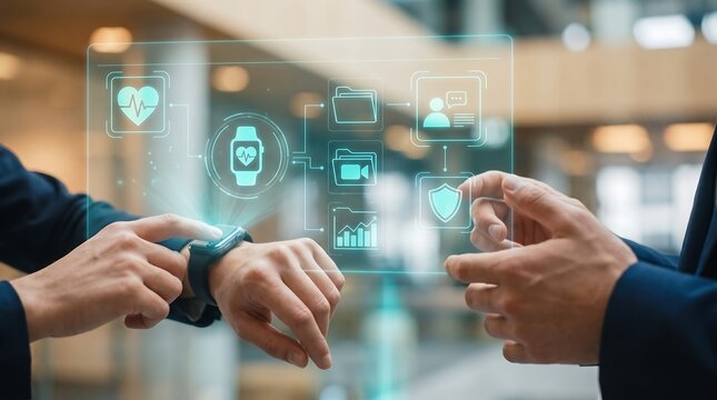 Professional business people interacting with smart watch wearable health technology digital interface