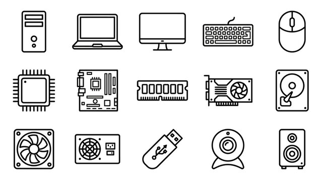 Computer hardware and peripherals flat icons set