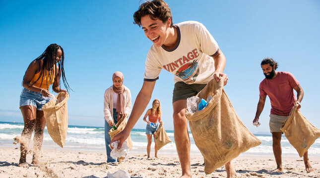 Diverse group of young volunteers cleaning up plastic trash on a sunny beach