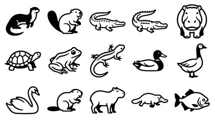 Obraz premium Woodland Animal Set. Simple Wildlife Vector Icons. Cute Forest Creatures. Black Outline Drawings for Design