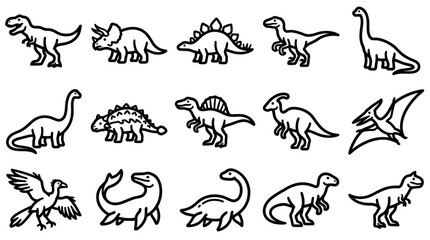 Dinosaur doodle collection of retro prehistoric animals in sketch style. 15 outlined illustrations of dinos for coloring pages, kids activities, and educational designs. © MUKTARANI