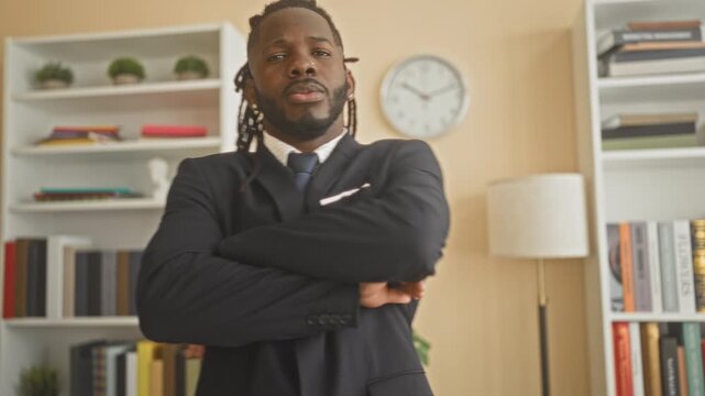 Man in suit arms crossed and adjusting sleeve in studio with bookshelf, clock and floor lamp visible; professional confidence.