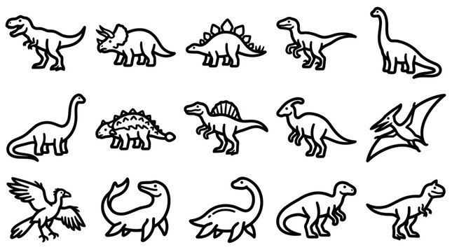 Dinosaur doodle collection of retro prehistoric animals in sketch style. 15 outlined illustrations of dinos for coloring pages, kids activities, and educational designs.
