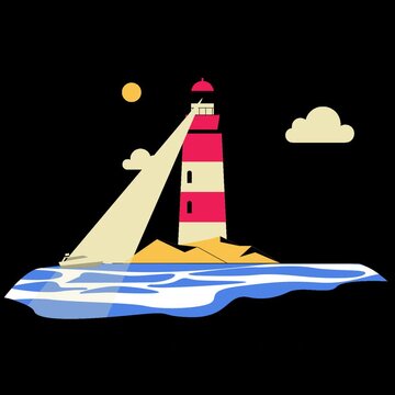 Colorful Lighthouse on Rocky Island with Beam of Light Over Ocean, Coastal Navigation Illustration Animation
