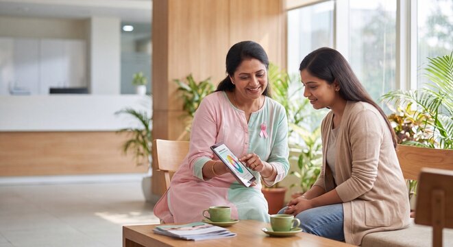 Indian Women in Breast Cancer Support Group Using Tablet in Modern Hospital Lounge
