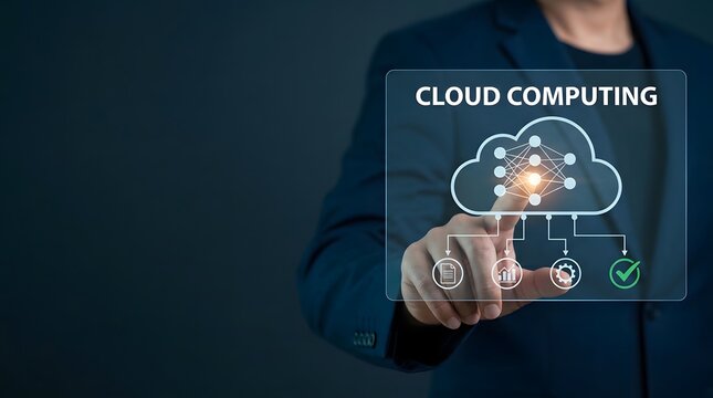 Person interacting with digital cloud computing interface on a tablet device